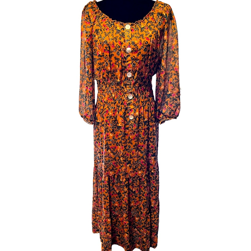 Dark Gold and Pink/Yellow/Green Floral Dress with Metallic Bronze Thread. Size=L